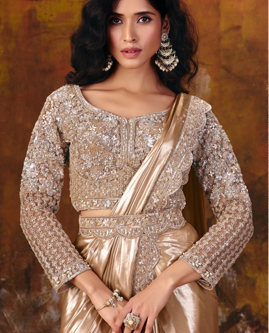 27112 - Mettalic Cream Embroidered Wedding Party Designer Saree
